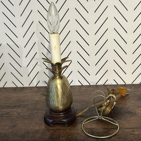 Vintage Brass Pineapple Lamp Wood Base Tropical Decor 10” Table Light - No Shade - Picture 10 of 14